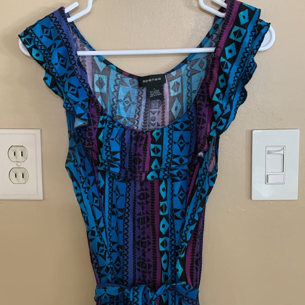 Spense Ruffled Geometric Pattern Midi Dress with Belt - Picture 2 of 5